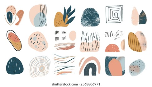 Stains and strokes vector collection of abstract, hand-drawn shapes and patterns in a muted color palette. Organic forms, geometric elements, simple line art for creating modern and minimalist design.