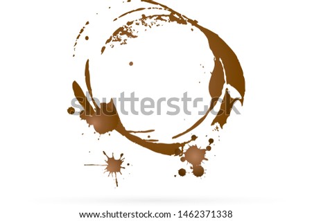 Stains and traces. Splashes of coffee. Drops coffee splashes and prints. Brown coffee stains and blots from a glass. Coffee blots isolated on the white background. Tea spots.