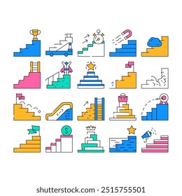 Stair And Achievement Collection Icons Set Vector. Career Stair And Business Target, Competition Event Win And Financial Wellbeing color Contour Illustrations