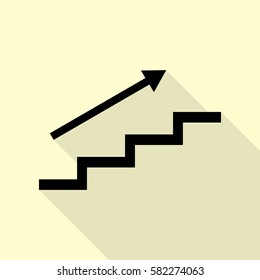 Stair with arrow. Black icon with flat style shadow path on cream background.