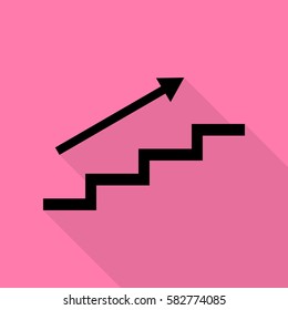 Stair with arrow. Black icon with flat style shadow path on pink background.