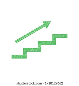 Stair with arrow. Green scribble Icon with solid contour on white background. Illustration.