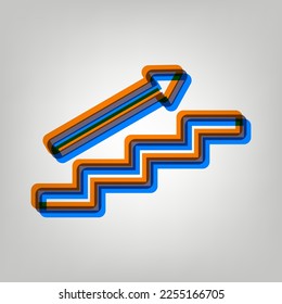 Stair with arrow. Stroked Icon in orange, azure and old lavender Colors at gray Background. Illustration.