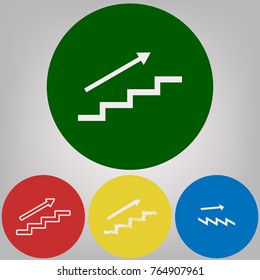 Stair with arrow. Vector. 4 white styles of icon at 4 colored circles on light gray background.