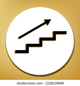 Stair with arrow. Vector. Black icon with light brown shadow in white circle with shaped ring at golden background.