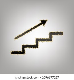 Stair with arrow. Vector. Blackish icon with golden stars at grayish background.