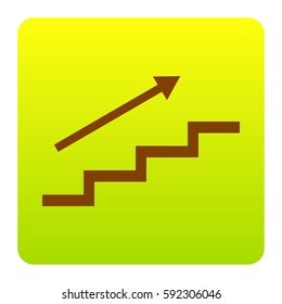 Stair with arrow. Vector. Brown icon at green-yellow gradient square with rounded corners on white background. Isolated.