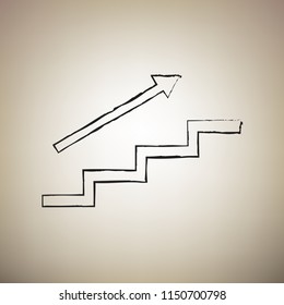 Stair with arrow. Vector. Brush drawed black icon at light brown background.