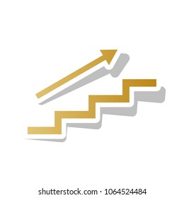 Stair with arrow. Vector. Golden gradient icon with white contour and rotated gray shadow at white background.