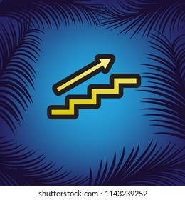 Stair with arrow. Vector. Golden icon with black contour at blue background with branches of palm trees.