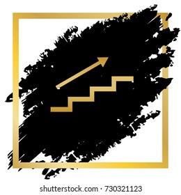 Stair with arrow. Vector. Golden icon at black spot inside golden frame on white background.