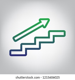 Stair with arrow. Vector. Green to blue gradient contour icon at grayish background with light in center.