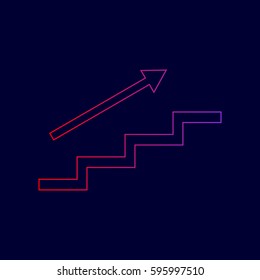 Stair with arrow. Vector. Line icon with gradient from red to violet colors on dark blue background.