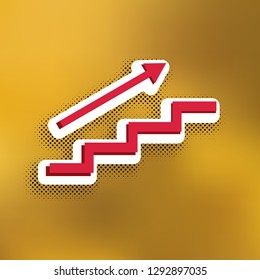 Stair with arrow. Vector. Magenta icon with darker shadow, white sticker and black popart shadow on golden background.