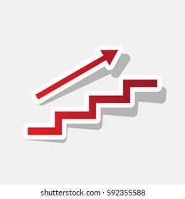 Stair with arrow. Vector. New year reddish icon with outside stroke and gray shadow on light gray background.