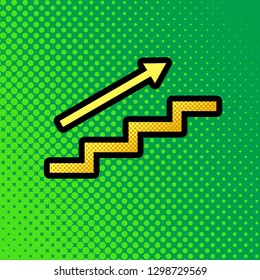 Stair with arrow. Vector. Pop art orange to yellow dots-gradient icon with black contour at greenish background.