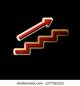 Stair with arrow. Vector. Red icon with small black and limitless shadows at golden sticker on black background.