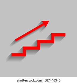 Stair with arrow. Vector. Red icon with soft shadow on gray background.