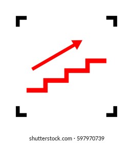 Stair with arrow. Vector. Red icon inside black focus corners on white background. Isolated.