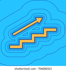 Stair with arrow. Vector. Sand color icon with black contour and equidistant blue contours like field at sky blue background. Like waves on map - island in ocean or sea.