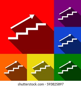 Stair with arrow. Vector. Set of icons with flat shadows at red, orange, yellow, green, blue and violet background.