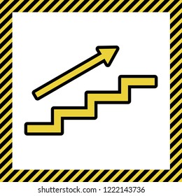 Stair with arrow. Vector. Warm yellow icon with black contour in frame named as under construction at white background. Isolated.