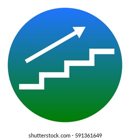 Stair with arrow. Vector. White icon in bluish circle on white background. Isolated.