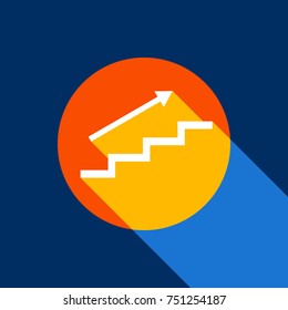 Stair with arrow. Vector. White icon on tangelo circle with infinite shadow of light at cool black background. Selective yellow and bright navy blue are produced.