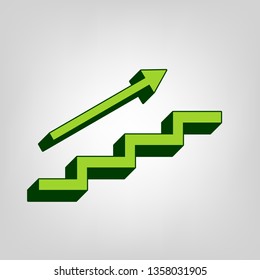 Stair with arrow. Vector. Yellow green solid icon with dark green external body at light colored background.