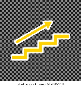 Stair with arrow. Vector. Yellow icon with white contour on dark transparent background.