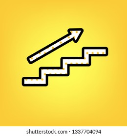 Stair with arrow. Vector. Yellow polka dot white icon with black contour at warm yellow background.