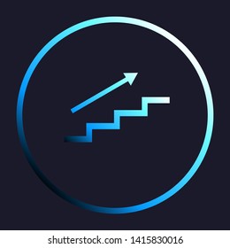 Stair with arrow. White, cyan and blue gradient icon as round button in white shell at dark blue background. Illustration.