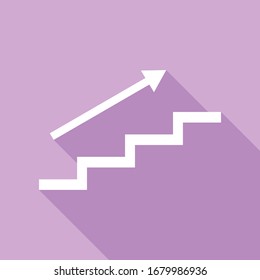 Stair with arrow. White Icon with long shadow at purple background. Illustration.