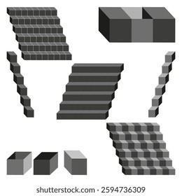 Stair and cube. Geometric block shapes. Isometric perspective icons. Bold abstract design. EPS 10.