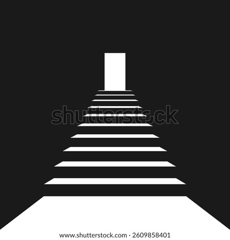 Stair up and door in the darkness. Bright light from the open door lights up the stairs. Business concept. Vector illustration