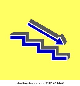 Stair down with arrow. Blue Icon with white stroke in 3d at yellow Background. Illustration.