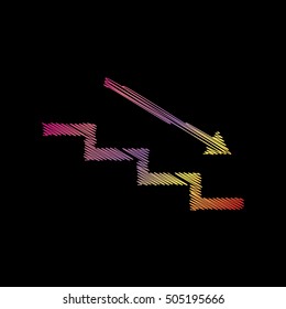 Stair down with arrow. Coloful chalk effect on black backgound.