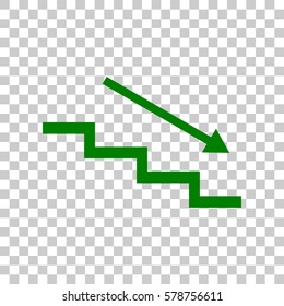 Stair down with arrow. Dark green icon on transparent background.