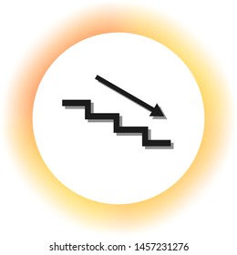 Stair down with arrow. Dark icon with shadow on the glowing circle button. Illustration.