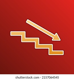 Escalera hacia abajo con flecha. Icono de gradiente dorado con contornos sobre fondo recto. Ilustración.