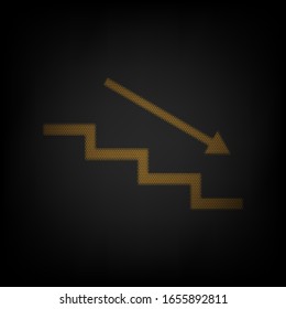 Escalera abajo con flecha. Icono de la rejilla de una pequeña bombilla naranja en la oscuridad. Ilustración.