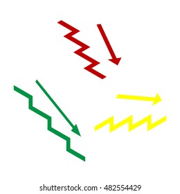 Stair down with arrow. Isometric style of red, green and yellow icon.