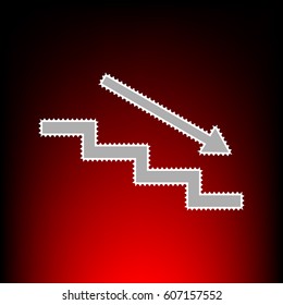 Stair down with arrow. Postage stam or old photo style on red-black gradient background.