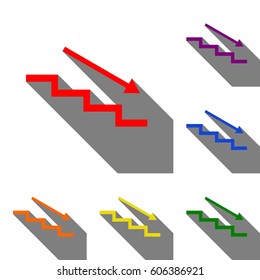 Stair down with arrow. Set of red, orange, yellow, green, blue and violet icons at white background with flat shadow.