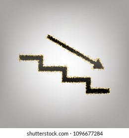 Stair down with arrow. Vector. Blackish icon with golden stars at grayish background.