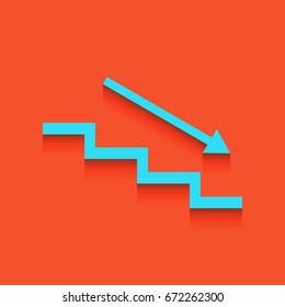 Stair down with arrow. Vector. Blue icon with soft shadow putted down on flamingo background.