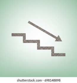 Stair down with arrow. Vector. Brown flax icon on green background with light spot at the center.