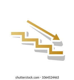 Stair down with arrow. Vector. Golden gradient icon with white contour and rotated gray shadow at white background.