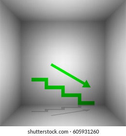 Stair down with arrow. Vector. Green icon with shadow in the room.