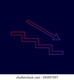 Stair down with arrow. Vector. Line icon with gradient from red to violet colors on dark blue background.